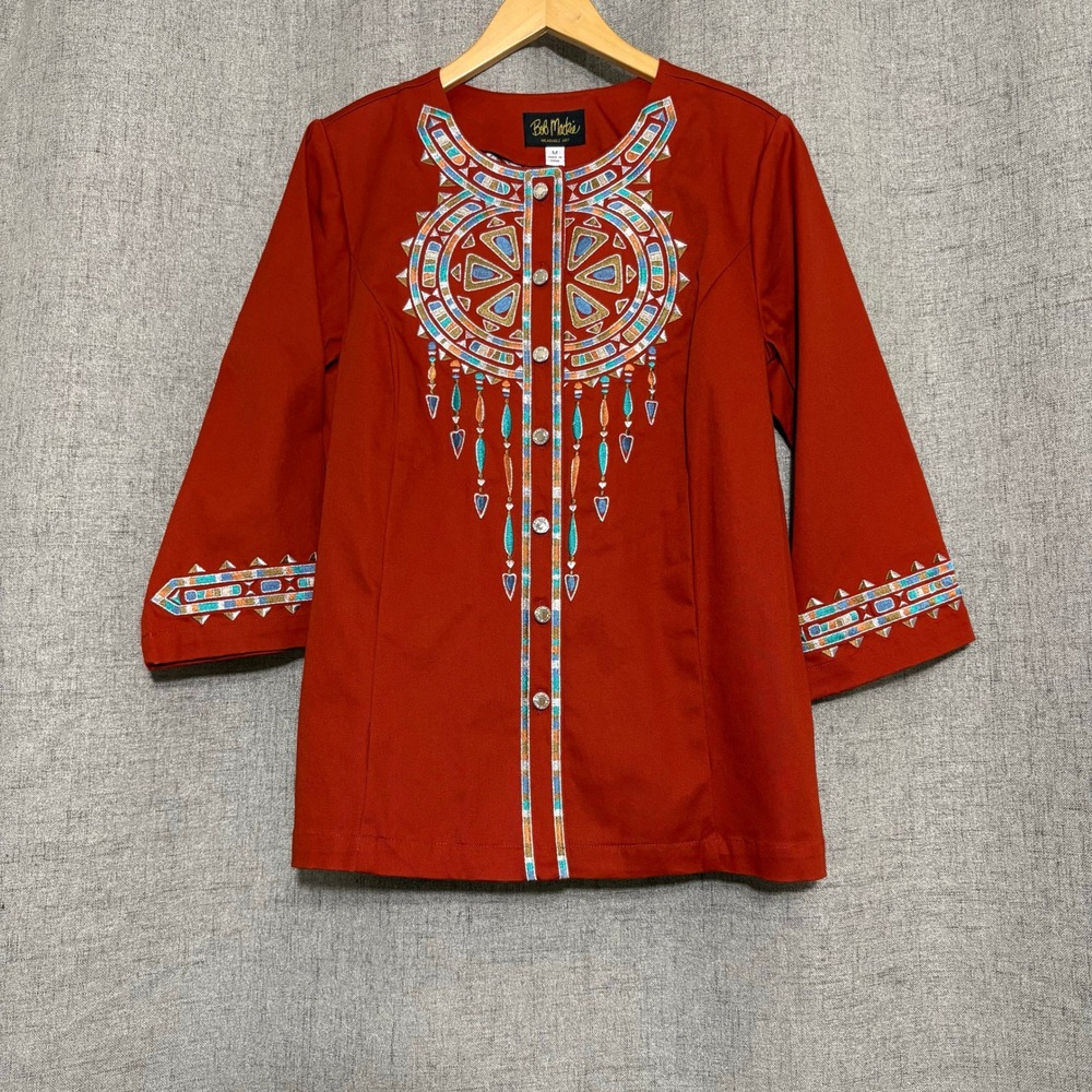 Bob Macke Top Women Medium Orange Wearable Art Tunic Embroidered Southwest